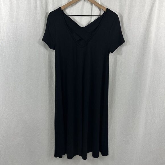 BomBom USA Lagenlook Oversized Black Midi Dress Womens Size S Cross Back Boho - Picture 2 of 11